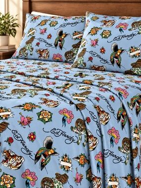 Ed Hardy King Sheet Set 6 Piece Tattoo Tiger Floral Blue 4 Pillowcases NWT